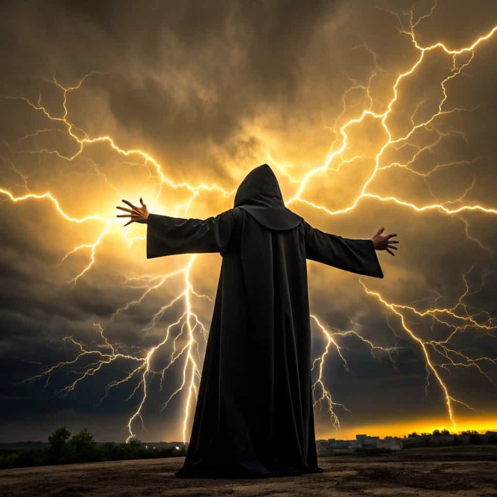 "Un personnage mystique vêtu d'une robe noire à capuche, debout au centre d'une scène dramatique. Il a les bras ouverts, dégageant une aura puissante et mystérieuse. Derrière lui, un ciel sombre et orageux, traversé par des éclairs dorés rayonnant en forme d'auréole lumineuse, créant un contraste spectaculaire. L'ambiance est surnaturelle, avec des détails réalistes sur les plis de la robe, les textures des nuages, et l'éclat vibrant des éclairs. Le décor donne une impression de puissance divine ou magique."